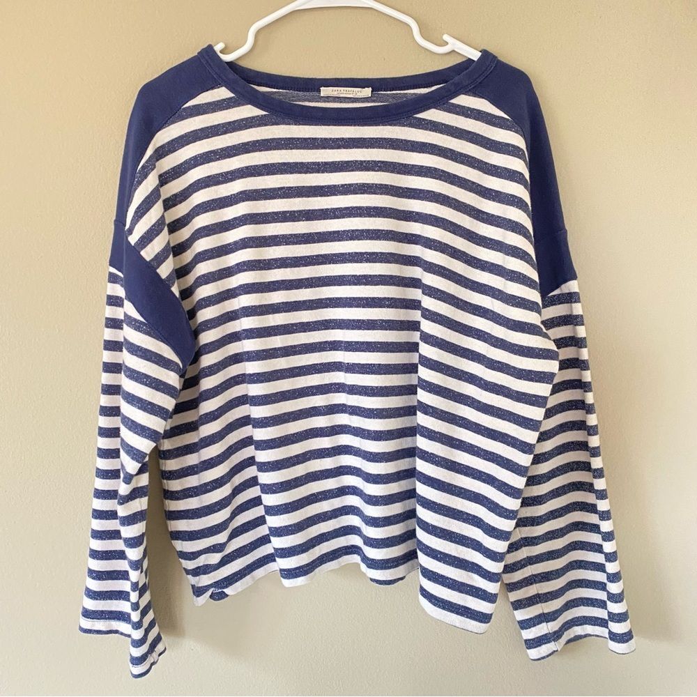 Zara Navy Blue & Off White Stripe Nautical Long Sleeve Shirt Top Causal Minimal